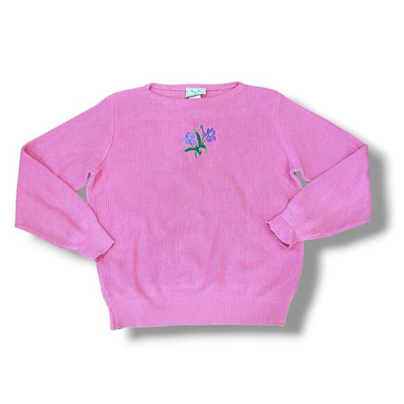 Nancy Miles Ltd Sweaters - Vintage Pink Floral Embroidered Sweater 100% Cotton Nancy Miles USA Cottage